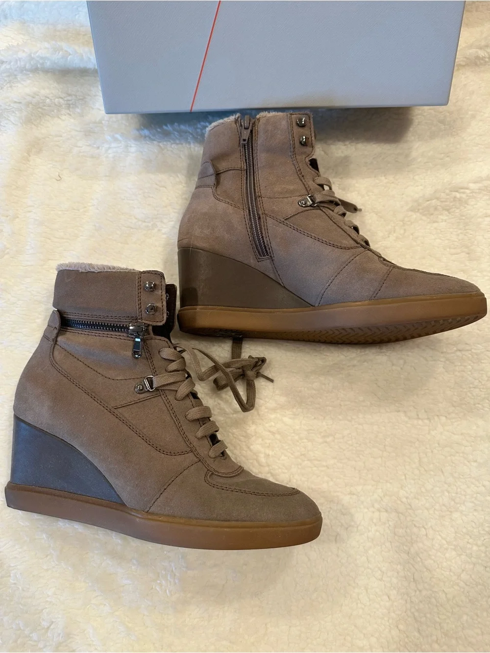 Geox Taupe Suede Wedge Lace-Up Ankle Boots